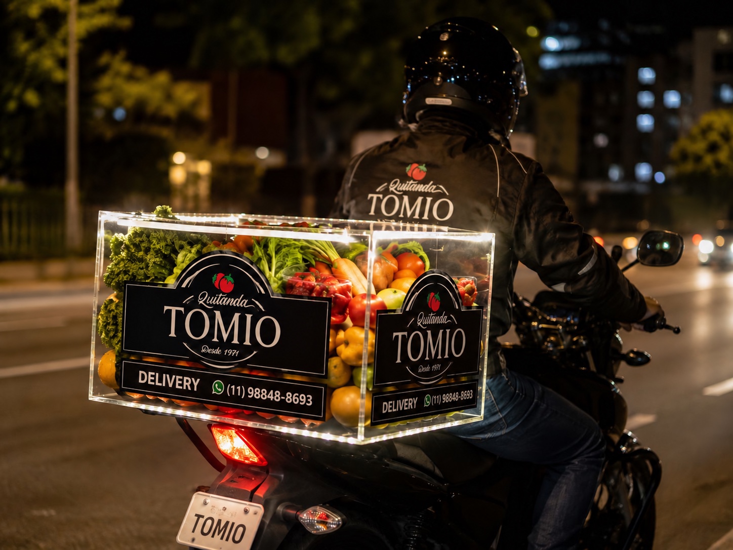 Proposta ilustrativa da moto da Quitanda Tomio com baú iluminado de frutas e verduras