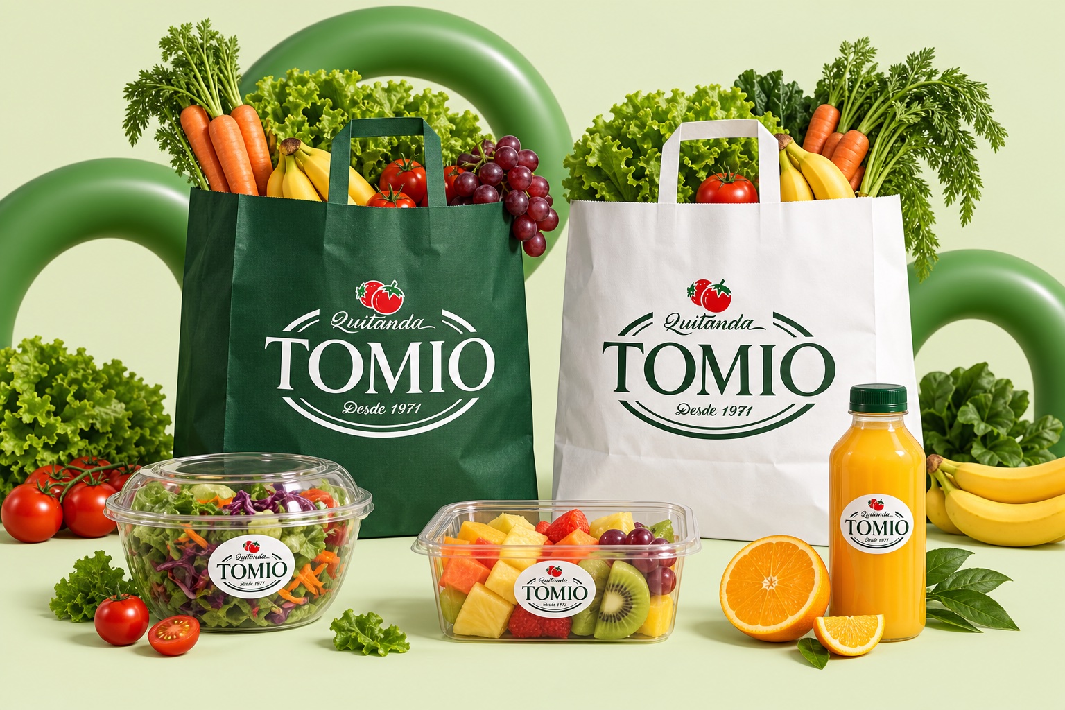 Proposta ilustrativa de sacolas da Quitanda Tomio com alimentos para delivery