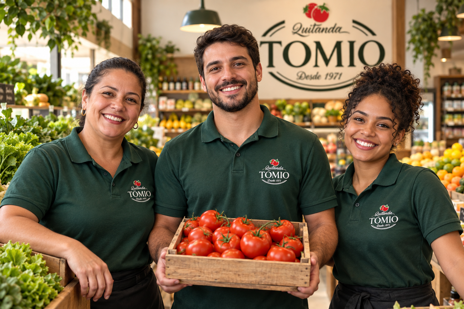 Imagem ilustrativa de uma equipe com uniformes verdes da Quitanda Tomio em uma loja de frutas e verduras