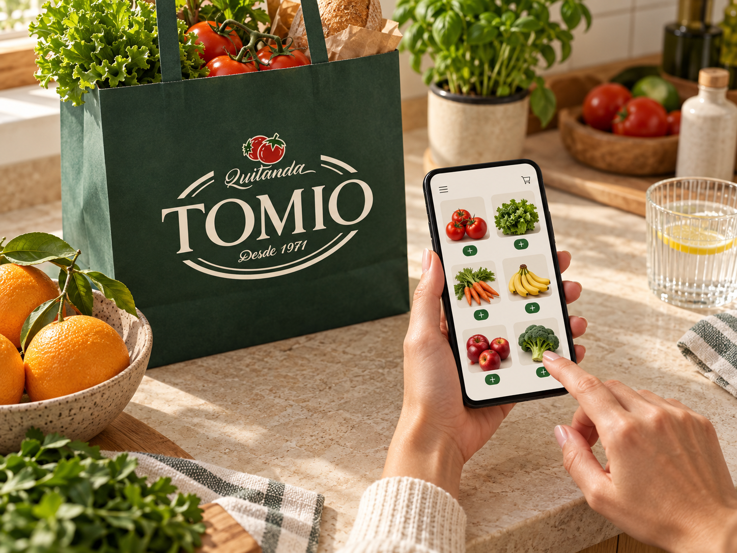 Cena ilustrativa de escolha dos produtos no celular, com sacola Tomio