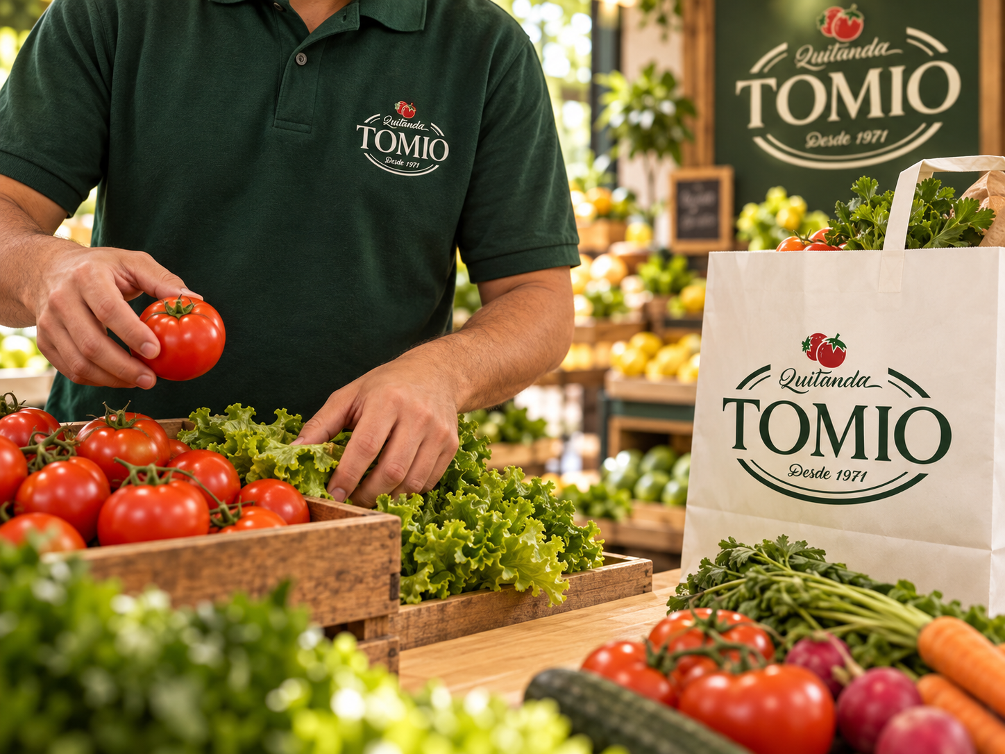 Cena ilustrativa da equipe Tomio selecionando tomates e verduras