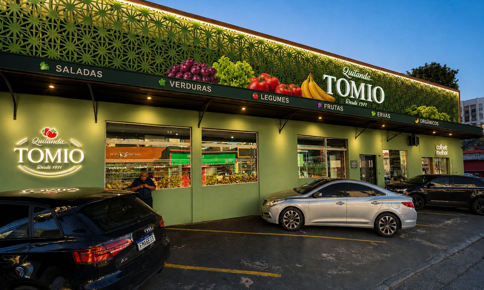 Fachada verde da Quitanda Tomio, referência enviada pela marca