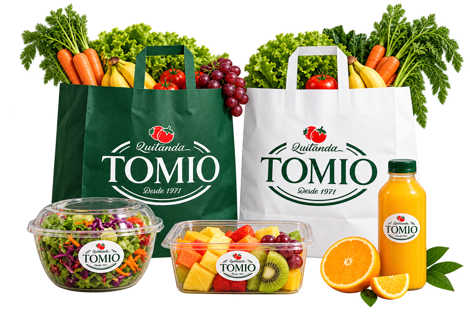 Proposta ilustrativa das sacolas da Quitanda Tomio com frutas e verduras