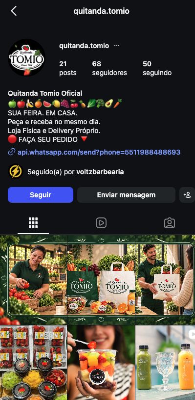 Perfil oficial @quitanda.tomio no Instagram, com informações de atividade ocultadas