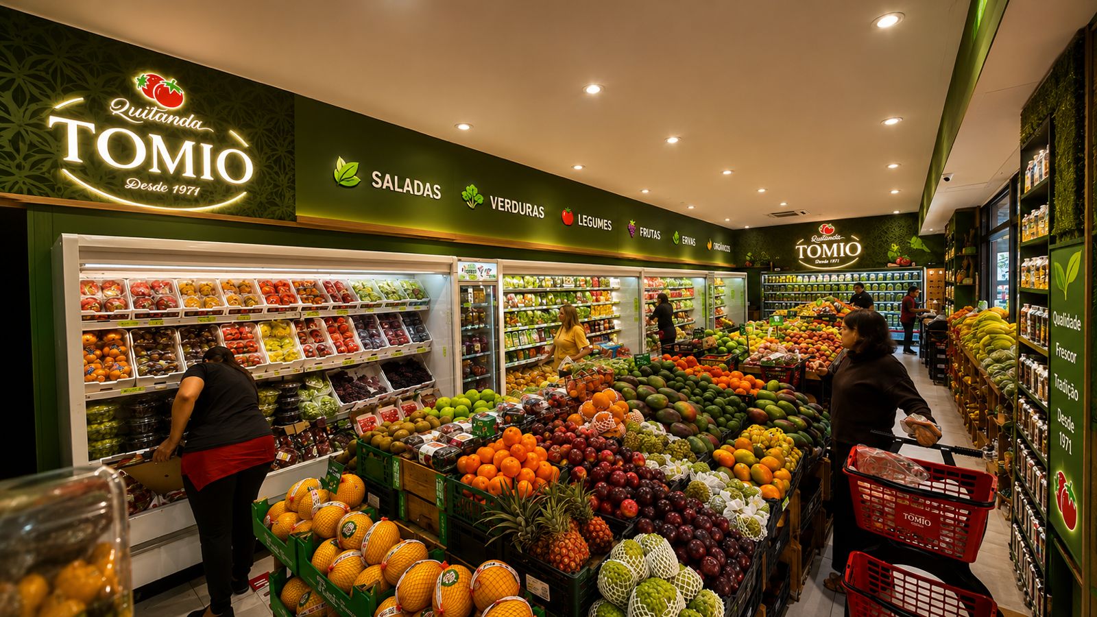 Interior da Quitanda Tomio com frutas, legumes e verduras
