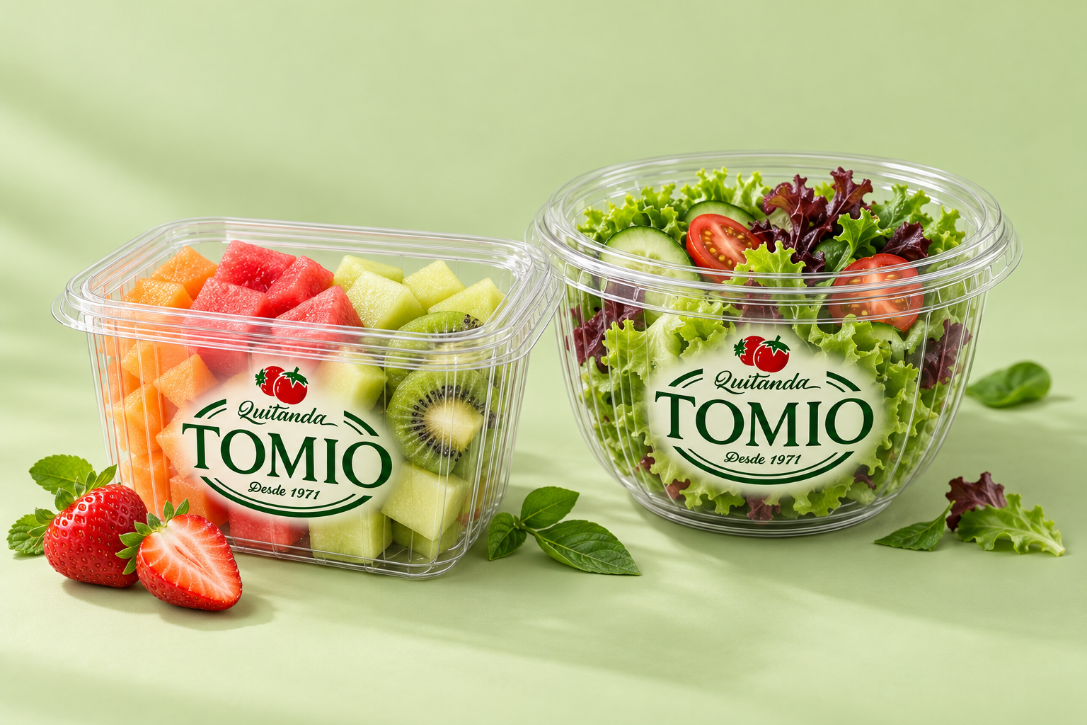 Frutas cortadas e salada em embalagens plásticas com logo Tomio, em uma cena integrada sobre fundo verde
