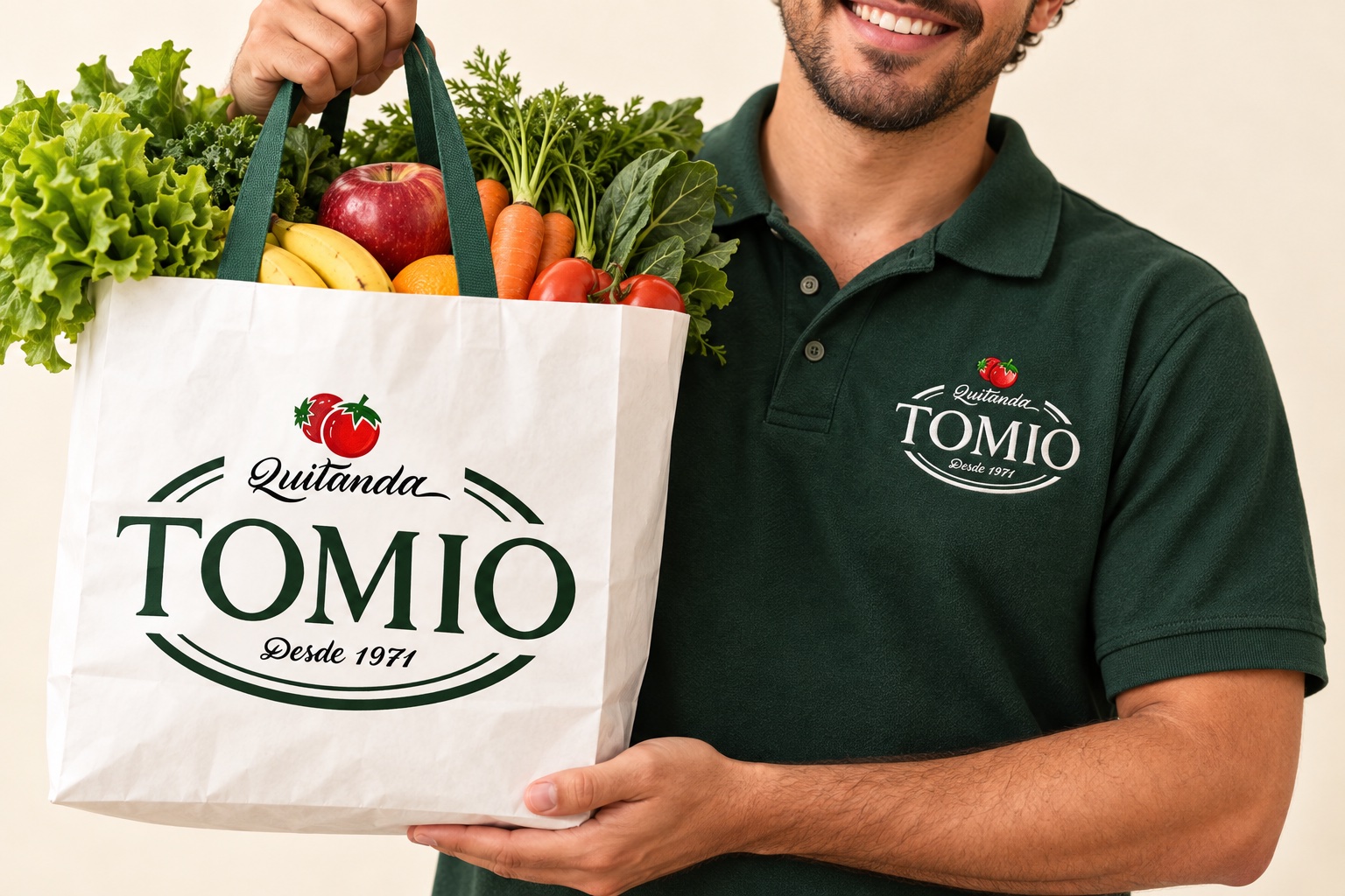 Proposta ilustrativa de uniforme verde e sacola com a identidade da Quitanda Tomio